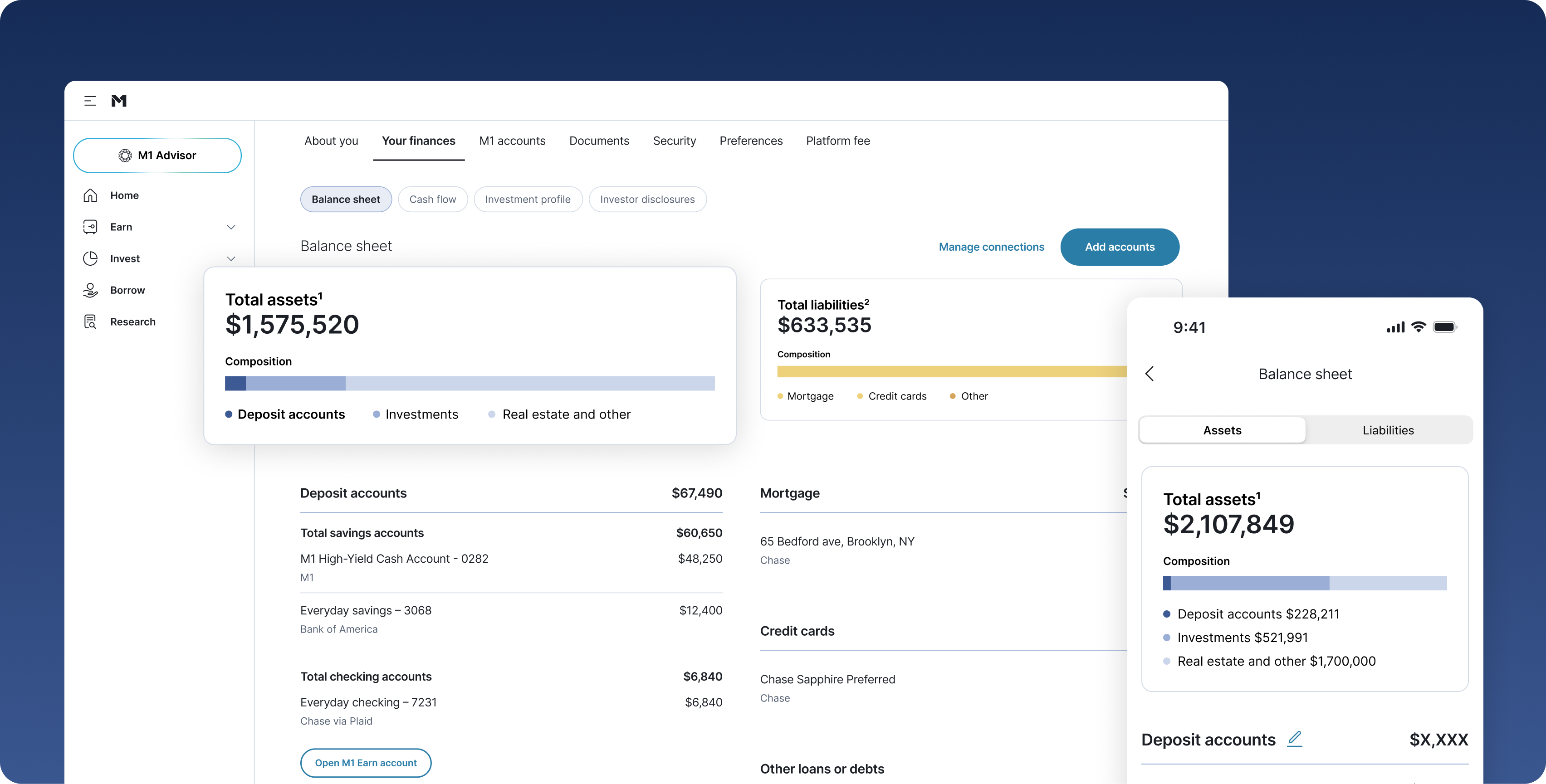 M1 balance sheet on desktop and mobile, showing total assets, liabilities and their composition