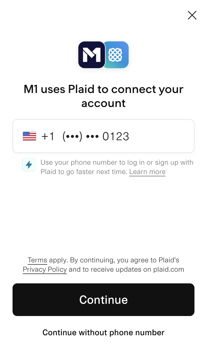 Plaid modal: M1 uses Plaid to connect your account