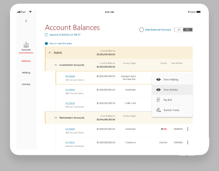 Account Balances screen on tablet